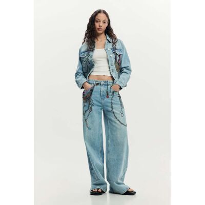 Desigual, Džíny s řetězy wide leg, DáMske, Bavlna, Modrá, 38 Desigual, Džíny s řetězy wide leg, DáMske, Bavlna, Modrá, 38