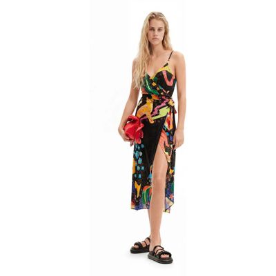 Desigual, Jungle design wrap midi dress, ViskÓZa, ČErná, XS Desigual, Jungle design wrap midi dress, ViskÓZa, ČErná, XS