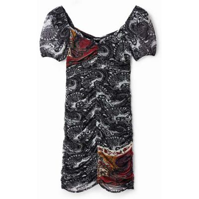 Desigual, Krátké šaty s paisley řasením, Polyester, ČErná, XL Desigual, Krátké šaty s paisley řasením, Polyester, ČErná, XL