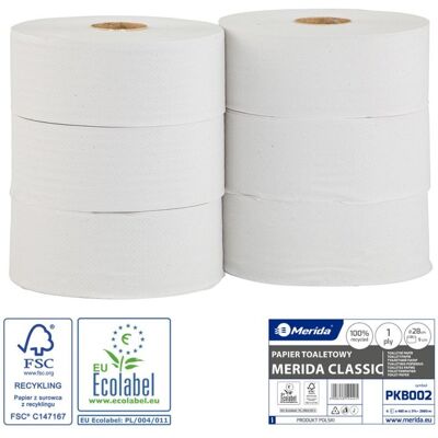 Toaletní papír Merida Jumbo klasik 28 cm, 1.vrstvý, 75% bělost, 6.rolí v balení Toaletní papír Merida Jumbo klasik 28 cm, 1.vrstvý, 75% bělost, 6.rolí v balení