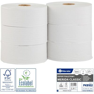 Toaletní papír Merida Jumbo klasik 23 cm, 1.vrstvý, 75% bělost, 6.rolí v balení Toaletní papír Merida Jumbo klasik 23 cm, 1.vrstvý, 75% bělost, 6.rolí v balení