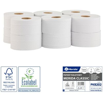 Toaletní papír Merida Jumbo klasik 19 cm, 1.vrstvý, 75% bělost, 12.rolí v balení Toaletní papír Merida Jumbo klasik 19 cm, 1.vrstvý, 75% bělost, 12.rolí v balení