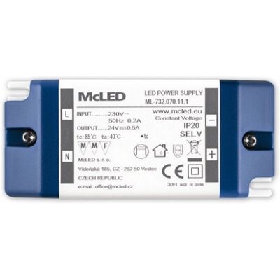 Nábytkový LED napájecí zdroj McLED 24VDC 12W 0,5A ML-732.070.11.1 Nábytkový LED napájecí zdroj McLED 24VDC 12W 0,5A ML-732.070.11.1
