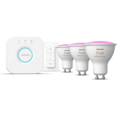 Propojovací zařízení Philips Hue BRIDGE a 3 ks LED žárovek GU10 4,2W (50W) White and Color Ambiance (2000-6500K/RGB) stmívatelné Propojovací zařízení Philips Hue BRIDGE a 3 ks LED žárovek GU10 4,2W (50W) White and Color Ambiance (2000-6500K/RGB) stmívatelné