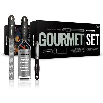 Microplane Dárková sada: 2 struhadla Gourmet (jemné a hrubé struhadlo) a ergonomická škrabka 36182 Microplane Dárková sada: 2 struhadla Gourmet (jemné a hrubé struhadlo) a ergonomická škrabka 36182