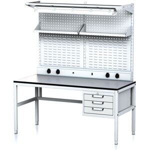 Alfa 3 Verstellbarer Werkstatttisch MECHANIC II, Perfopanel, Regalböden, Steckdosen, Beleuchtung, 3 Einschubboxen für Werkzeug, 1600 x 700 x 745-985 mm, grau/grau