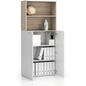 PLAN Büroregal 2-türig SEGMENT, abschließbar, 4 Fachböden, 840 x 370 x 1880 mm, weiß / Eiche natur