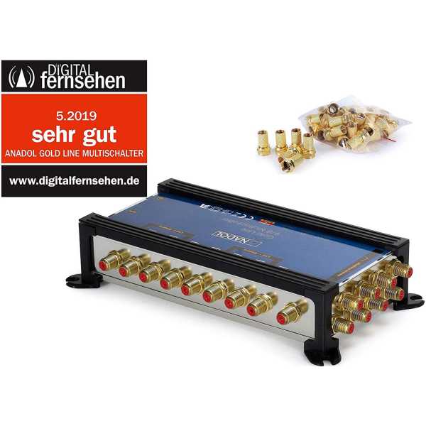 Anadol Gold Line 9/8 Multischalter 2 Satellit 8 Ausgänge 17 x vergoldete F-Stecker