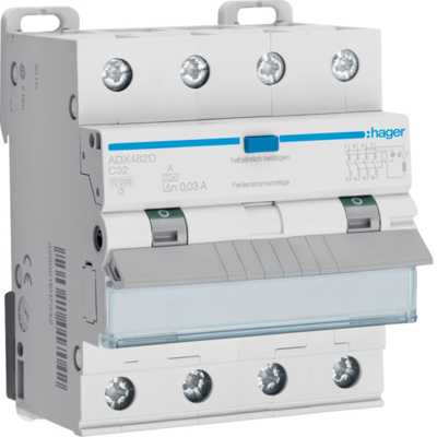 Hager ADX482D FI/LS-Schalter - 4-polig 32A 0,03A - Leitungsschutzschalter Hager ADX482D FI/LS-Schalter - 4-polig 32A 0,03A - Leitungsschutzschalter