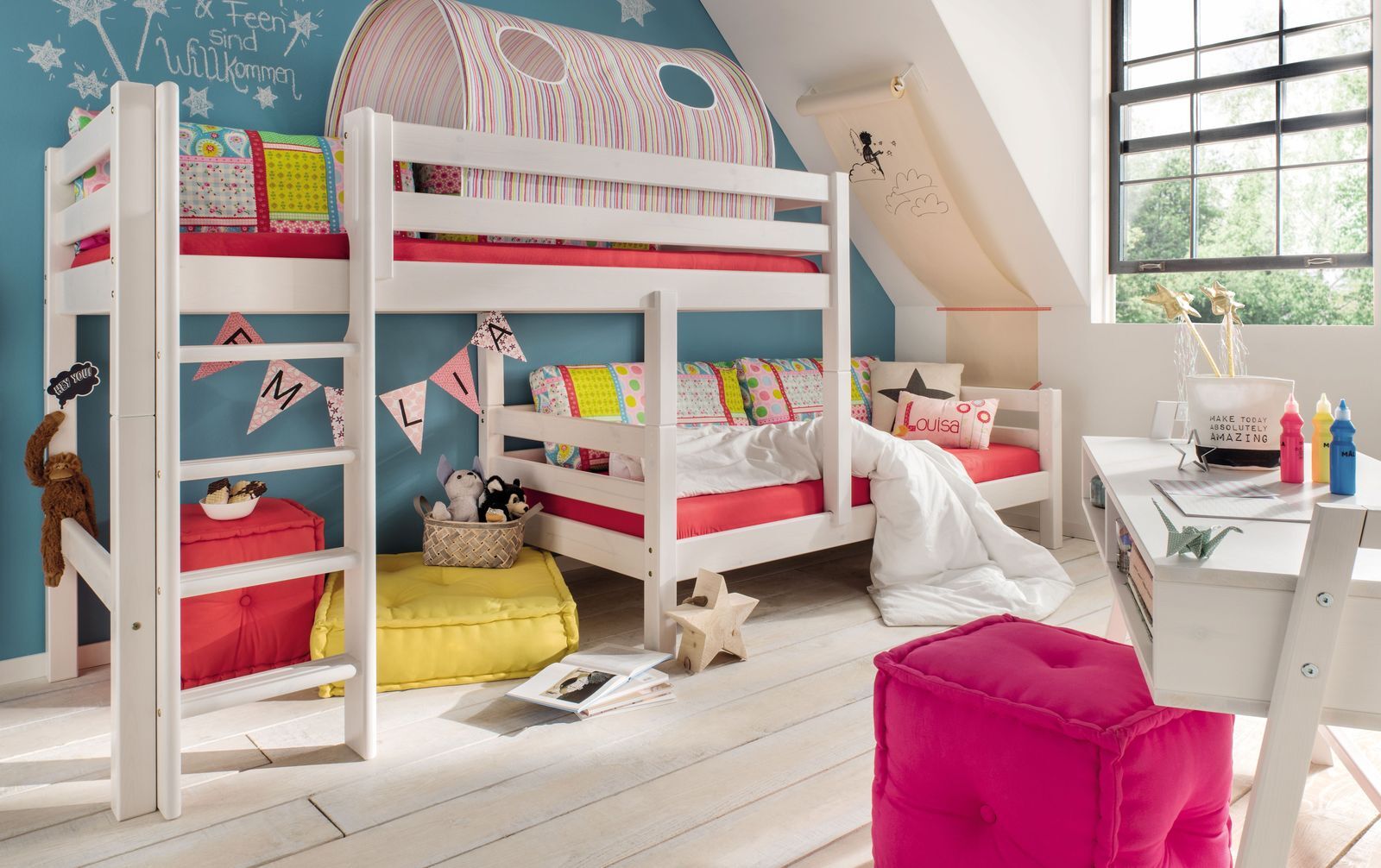 Infantil Etagenbett Kids Paradise für Dachschrägen Stockbett 90x200 cm weiß mit Holzstruktur