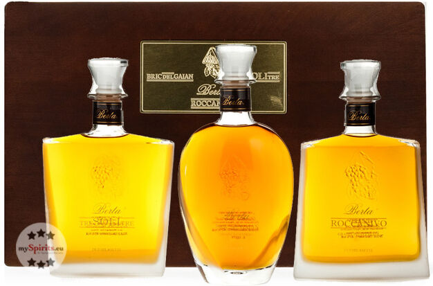 Distillerie Berta Berta Set 3 x Grappa in Holzkiste - Roccanivo, Bric del Gaian, Tre Soli Tre (43 % Vol., 2,1 Liter)