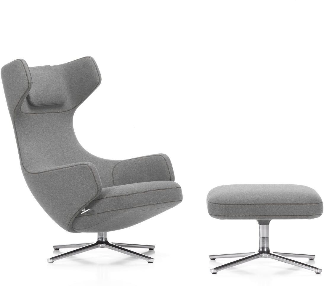 Vitra - Grand Repos Sessel und Ottoman, Cosy hellgrau (01 kieselgrau), Aluminium poliert (Filzgleiter)