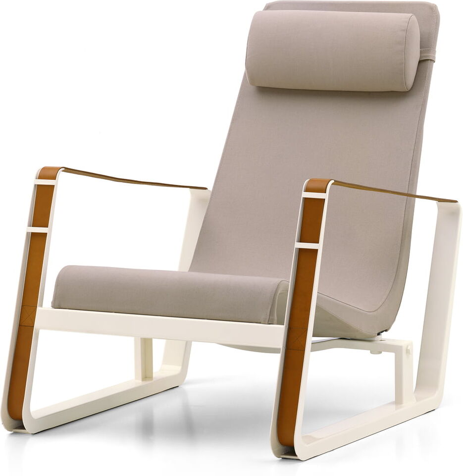 Vitra - Cité Sessel, Bezug beige (Cité 01), Gestell ecru / Ledergurte cognac (Filzgleiter)