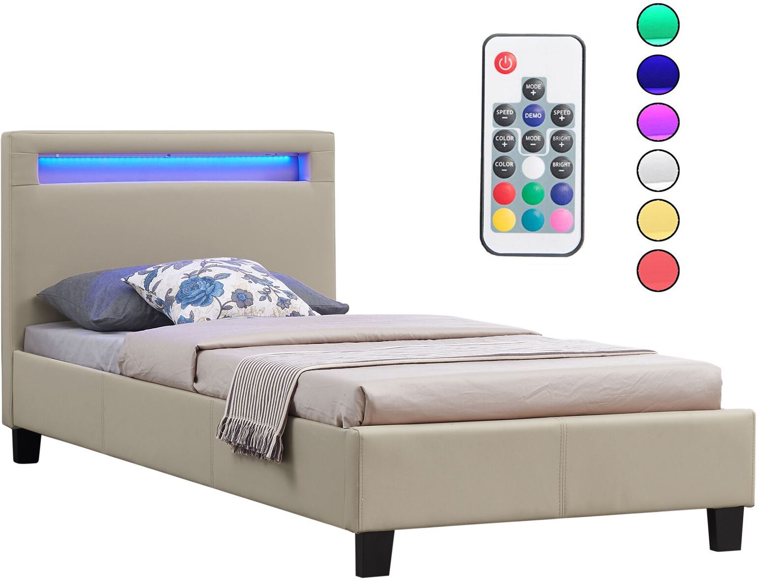 CARO-Möbel Polsterbett MANDALAY mit LED 90 x 200 cm, in beige