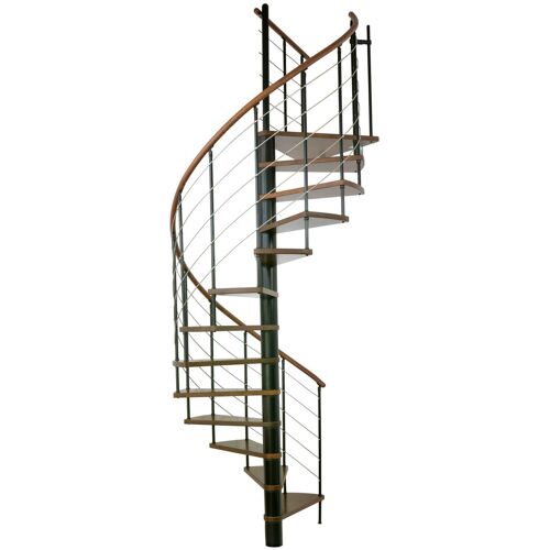 Minka Spindeltreppe Venezia Buche auf Walnuss lackiert mit Handlauf und UK in schwarz Ø160cm bis 309,4cm Geschosshöhe