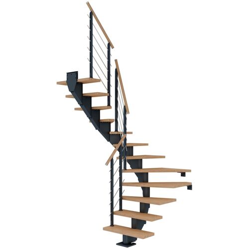 Dolle Mittelholmtreppe Hamburg 1/2 gewendelt Eiche weiß, geölt 85 cm breit für GH 259 – 301 cm UK Metall Anthrazit mit Geländer