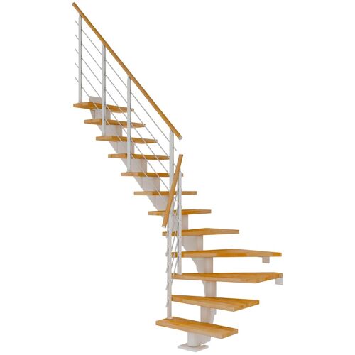 Dolle Mittelholmtreppe Hamburg 1/4 gewendelt Buche, geölt 75 cm breit für Geschosshöhen 278 – 322 cm UK Metall Weiß inkl. einseitigem Designgeländer