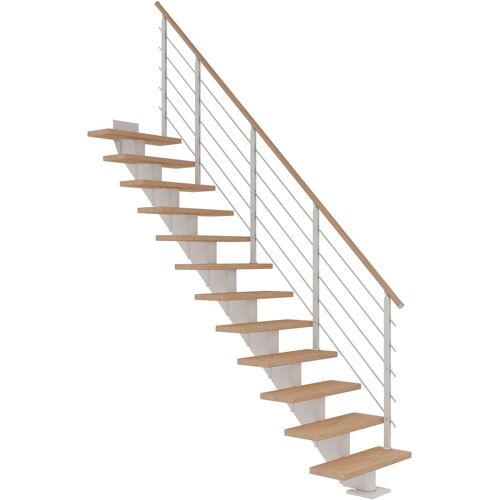 Dolle Mittelholmtreppe Hamburg Gerade Eiche weiß, geölt 75 cm breit für Geschosshöhen 278 – 322 cm UK Metall Weiß inkl. einseitigem Designgeländer