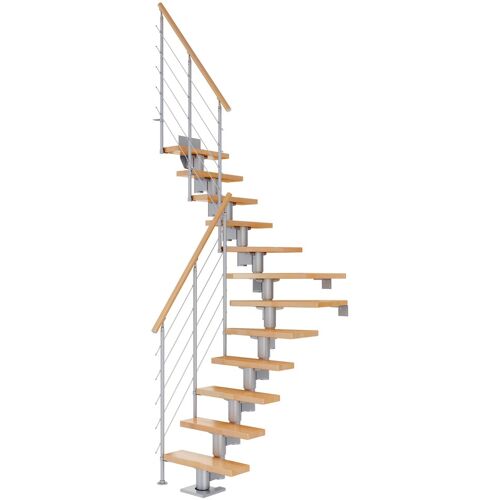 Dolle Mittelholmtreppe Dublin 1/4 gewendelt aus Buche lackiert 71 cm breit für GH 240–292 cm UK Metall Perlgrau mitlaufende Edelstahlstäbe