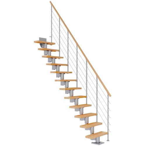 Dolle Mittelholmtreppe Dublin Gerade aus Buche lackiert 71 cm breit für GH 278–337 cm UK Metall Perlgrau mitlaufende Edelstahlstäbe