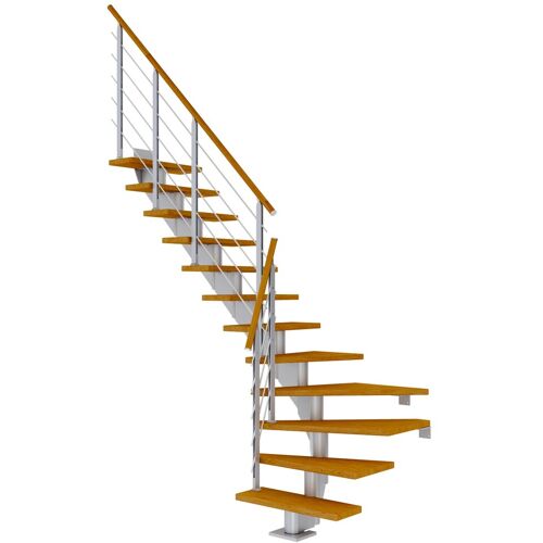 Dolle Mittelholmtreppe Hamburg 1/4 gewendelt Eiche, geölt 75 cm breit für GH 259 – 301 cm UK Metall Perlgrau mit Geländer