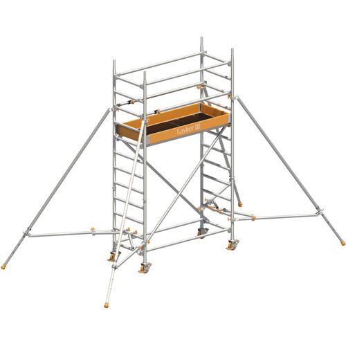 Layher Rollgerüst Uni Leicht mit Sicherheitsaufbau P2 und Uni Telegeländer sowie ausziehbaren Gerüststützen 4,10m AH