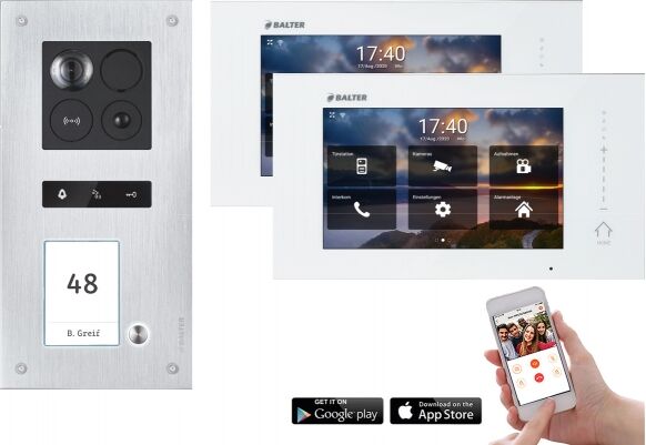 Video Türsprechanlage mit Smartphone App für 1 Familienhaus mit Bewegungsmelder, 2x Monitore, Balter ERA WLAN (RFID Schlüssel: 4 / Türstation Farbe : Silber)