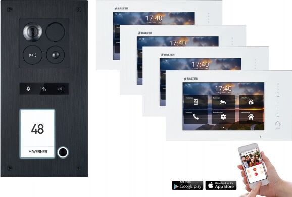Video Türsprechanlage mit Smartphone App für 1 Familienhaus mit Bewegungsmelder, 4x Monitore, Balter ERA WLAN (Türstation Farbe : Schwarz / RFID Schlüssel: 10)