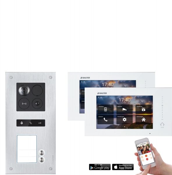 Video Türsprechanlage mit Smartphone App für 2 Familienhaus mit Bewegungsmelder, 2x Monitore, Balter ERA WLAN (RFID Schlüssel: 7 / Türstation Farbe : Silber)