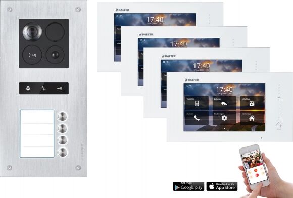 Video Türsprechanlage mit Smartphone App für 4 Familienhaus mit Bewegungsmelder, 4x Monitore, Balter ERA WLAN (RFID Schlüssel: 4 / Türstation Farbe : Silber)
