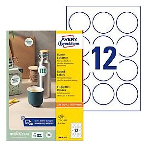 Avery Zweckform Avery® Zweckform Etiketten L3416-100, A4, universell, permanenthaftend, druckergeeignet, FSC®-Papier, rund, Ø 60 mm, weiß, 1200 Stück auf 100 Bogen