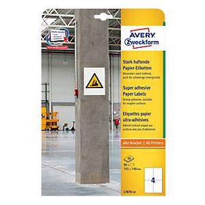 Avery Zweckform Etiketten L7876-20, stark haftend, geeignet für Inkjet-& Laserdrucker, 105 x 148 mm, 80 Stück/20 A4-Bogen, 100 % FSC®-Papier, weiß