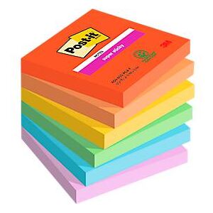 Post It POST-IT Haftnotizen Super Sticky Notes Playful 654-6SS-PLAY, 76 x 76 mm, wiederablösbar, cellophanfrei verpackt, farbig, 6 x 90 Blatt