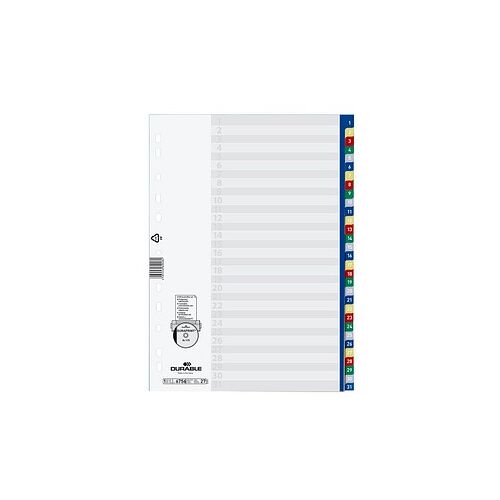 DURABLE Ordnerregister DIN A4 Vollformat 1-31 blau, gelb, rot, grün, grau 31-teilig, 1 Satz