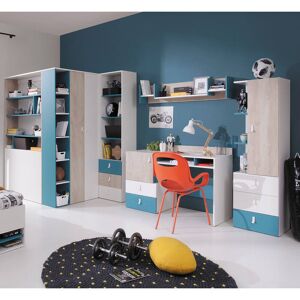 Jugendzimmer Set 5-teilig PITTSBURGH-133 mit begehbarem Kleiderschrank in weiß mit Eiche und blau