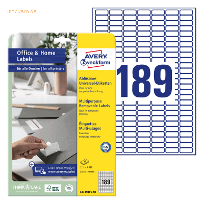 Avery Zweckform Etiketten ablösbar Home Office A4 25,4x10mm VE=1.890 E Avery Zweckform Etiketten ablösbar Home Office A4 25,4x10mm VE=1.890 E