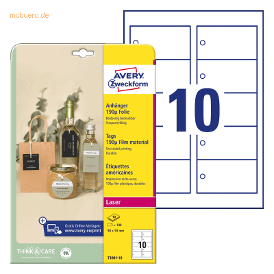 Avery Zweckform Anhänger 90x50 mm beidseitig beschichtet VE=100 Stück Avery Zweckform Anhänger 90x50 mm beidseitig beschichtet VE=100 Stück