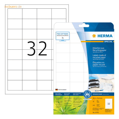 HERMA Etiketten Recyclingpapier A4 48,3x33,8mm weiß VE=20 Blatt/640 St HERMA Etiketten Recyclingpapier A4 48,3x33,8mm weiß VE=20 Blatt/640 St