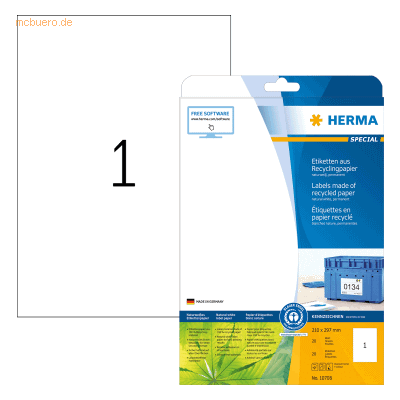 HERMA Etiketten Recyclingpapier A4 210x297mm weiß VE=20 Blatt/20 Stück HERMA Etiketten Recyclingpapier A4 210x297mm weiß VE=20 Blatt/20 Stück
