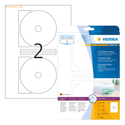 HERMA CD-Etiketten weiß Maxi Durchmesser 116mm Special A4 Inkjet 50 St HERMA CD-Etiketten weiß Maxi Durchmesser 116mm Special A4 Inkjet 50 St