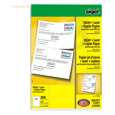 Sigel LP202 Weißes A5 Perforiertes Druckerpapier - 80g/m² Sigel LP202 Weißes A5 Perforiertes Druckerpapier - 80g/m²