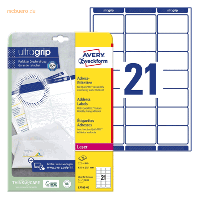 Avery Zweckform Adress-Etiketten ultragrip 63,5x38,1 mm VE=840 Etikett Avery Zweckform Adress-Etiketten ultragrip 63,5x38,1 mm VE=840 Etikett