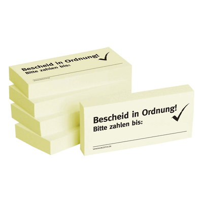 Haftnotizen -Bescheid in Ordnung- - 75 x 35 mm 5x 100 Blatt. Haftnotizen -Bescheid in Ordnung- - 75 x 35 mm 5x 100 Blatt.