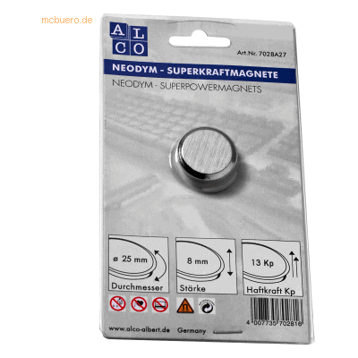 Alco Superkraftmagnet Neodym Neodym (Nd) 25mm TG 13000 g silber gebürs Alco Superkraftmagnet Neodym Neodym (Nd) 25mm TG 13000 g silber gebürs