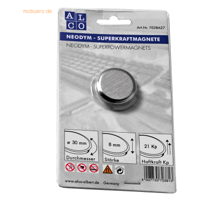 Alco Superkraftmagnet Neodym Neodym (Nd) 30mm TG 21000 g silber gebürs Alco Superkraftmagnet Neodym Neodym (Nd) 30mm TG 21000 g silber gebürs