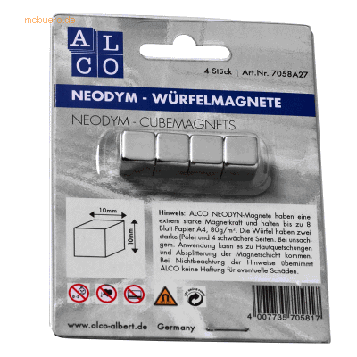 Alco Würfelmagnet Neodym aus Neodym (Nd) 10x10x10mm silber VE=4 Stück Alco Würfelmagnet Neodym aus Neodym (Nd) 10x10x10mm silber VE=4 Stück