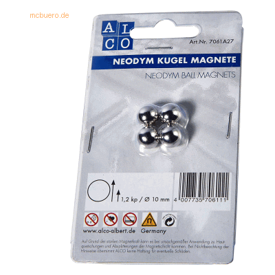 Alco Kugelmagnet Neodoym Neodym (Nd) 10mm TG 1200 g silber VE=4 Stück Alco Kugelmagnet Neodoym Neodym (Nd) 10mm TG 1200 g silber VE=4 Stück
