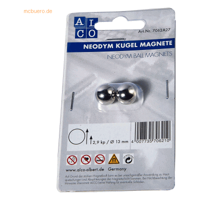 Alco Kugelmagnet Neodoym Neodym (Nd) 13mm TG 2900 g silber VE=2 Stück Alco Kugelmagnet Neodoym Neodym (Nd) 13mm TG 2900 g silber VE=2 Stück