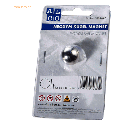 Alco Kugelmagnet Neodoym Neodym (Nd) 19mm TG 5600 g silber VE=1 Stück Alco Kugelmagnet Neodoym Neodym (Nd) 19mm TG 5600 g silber VE=1 Stück