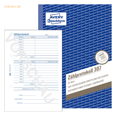 10 x Avery Zweckform Kassenformular Zählprotokoll A5 VE=50 Blatt 10 x Avery Zweckform Kassenformular Zählprotokoll A5 VE=50 Blatt